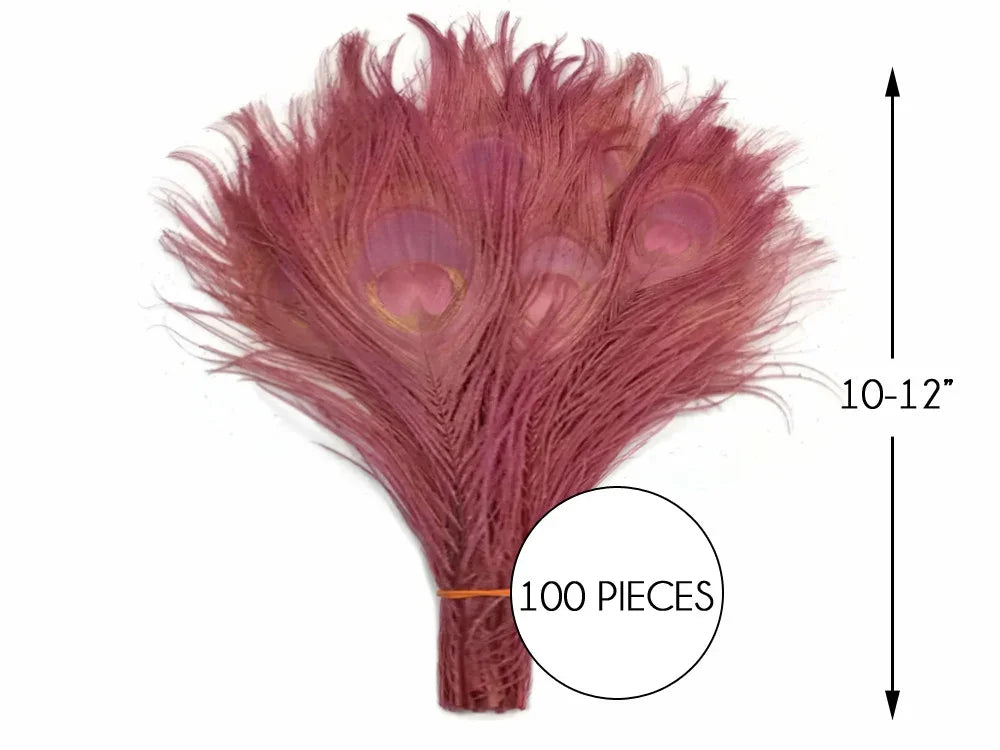 Bundle of 100 pink dyed peacock feathers, 10-12 inches for crafts and fashion décor.
