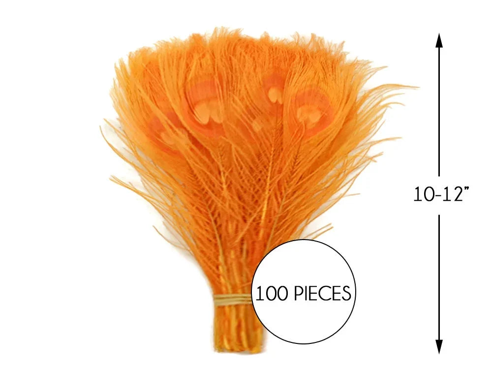 Bundle of 100 orange peacock feathers, 10-12 inches long, for DIY crafts and fashion decor.