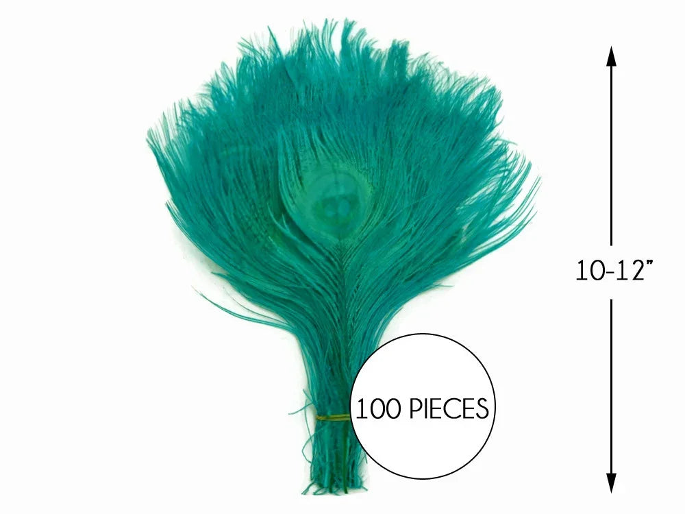 Bundle of 100 teal dyed peacock feathers, 10-12 inches long, for DIY crafts and fashion.