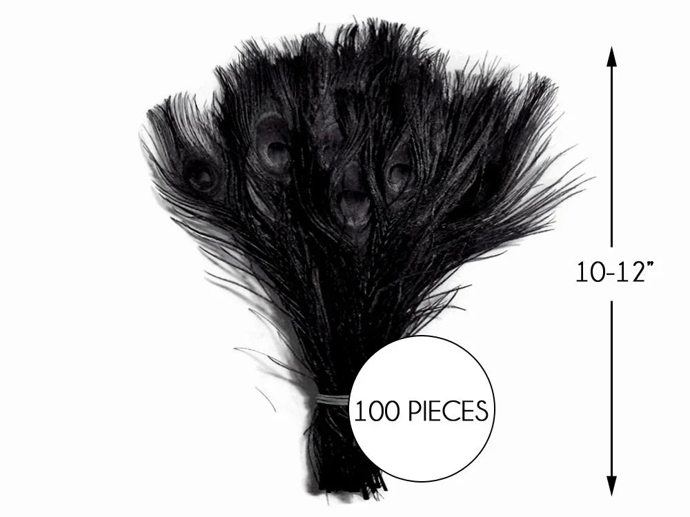 Bundle of 100 black peacock feathers, 10-12 inches long, for DIY crafts and fashion décor.