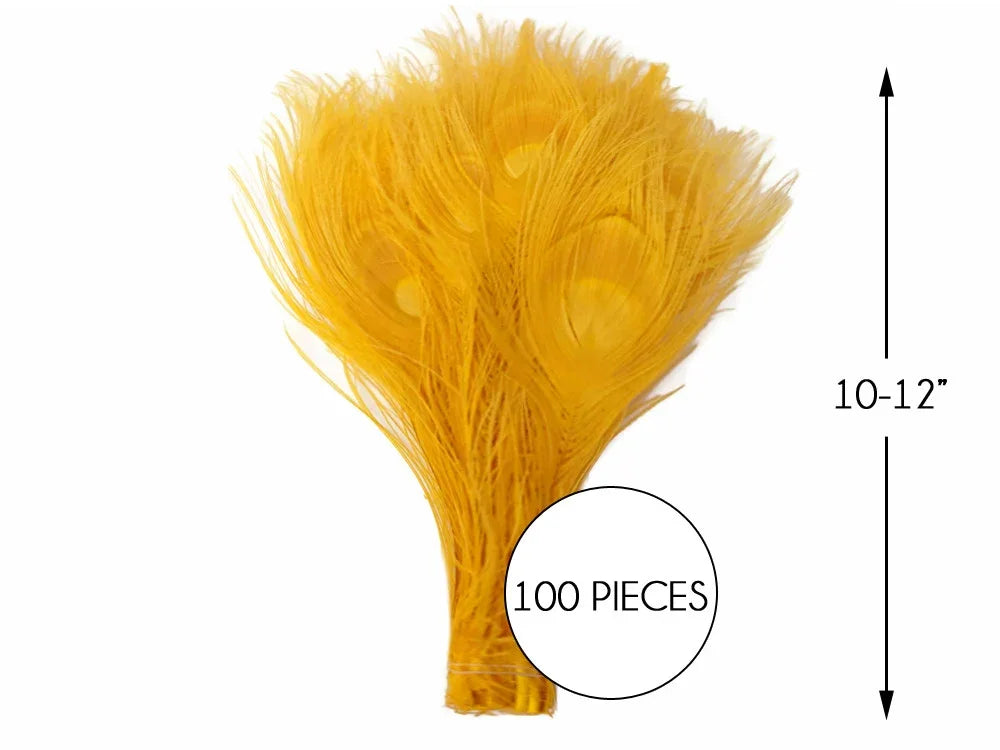 Bundle of 100 yellow peacock feathers, 10-12 inches long, for crafts and fashion decor.