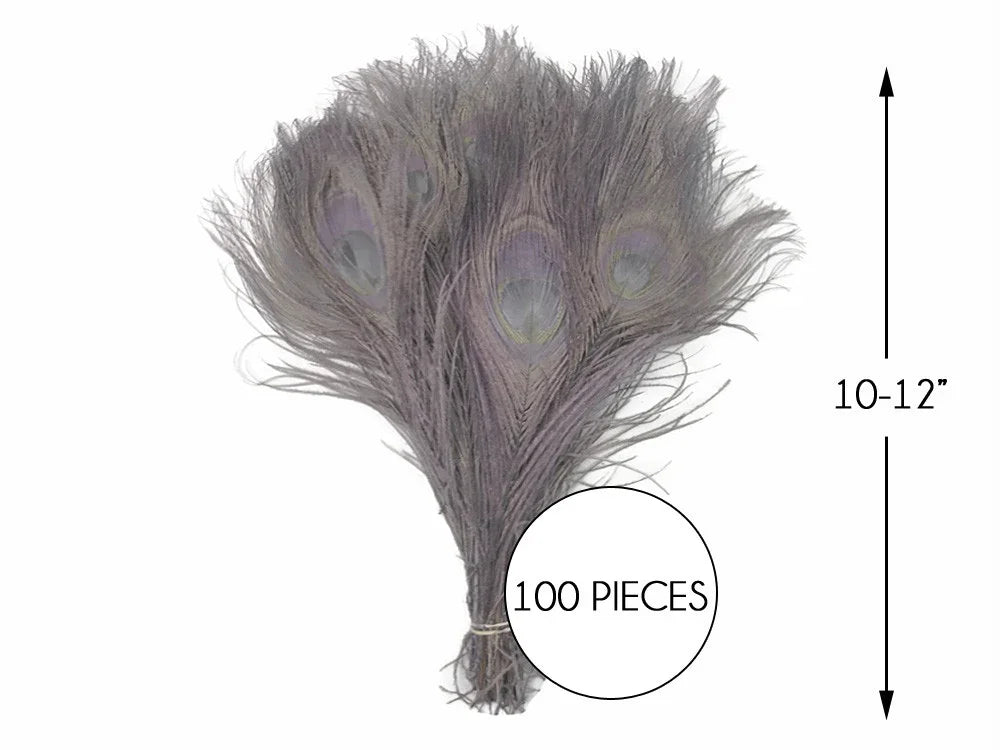 Bundle of 100 grey peacock feathers, 10-12 inches long, for DIY crafts and fashion décor.