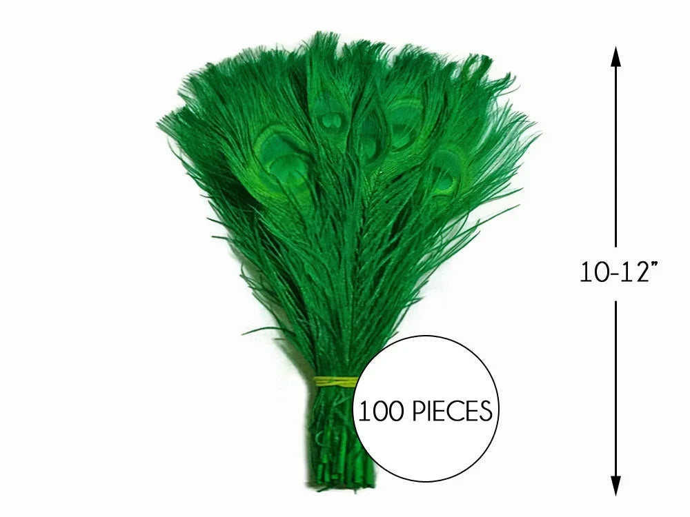 100 pieces of 10-12 inch vibrant green dyed peacock feathers for crafts and decor