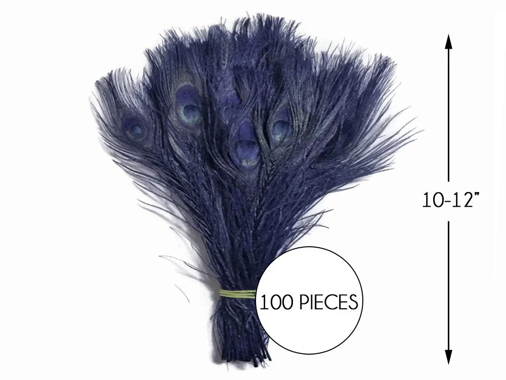 Bundle of 100 blue peacock feathers, 10-12 inches long, for DIY crafts and fashion decor.