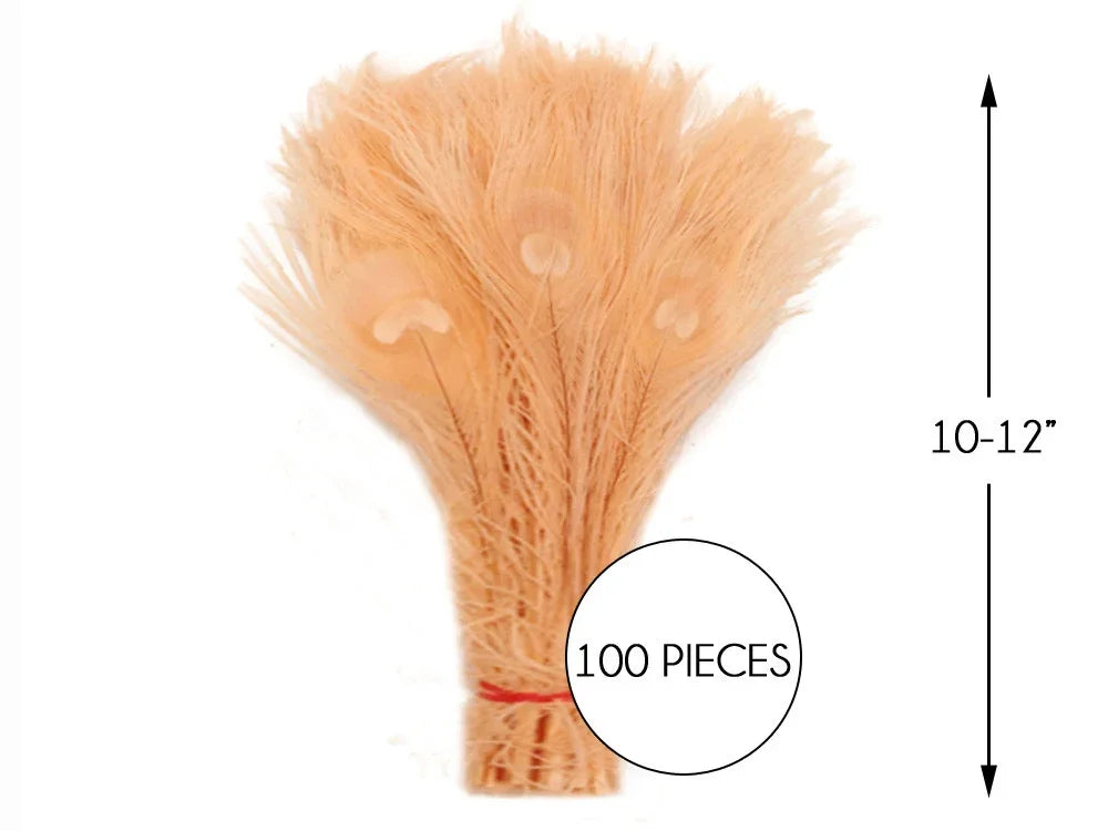 Bundle of 100 peach-colored craft feathers, 10-12 inches long for DIY fashion and decor.
