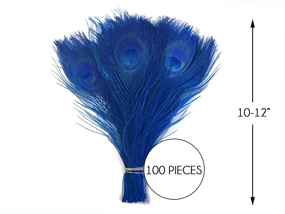 Bundle of 100 vibrant blue peacock feathers, 10-12 inches long for crafts and decor.