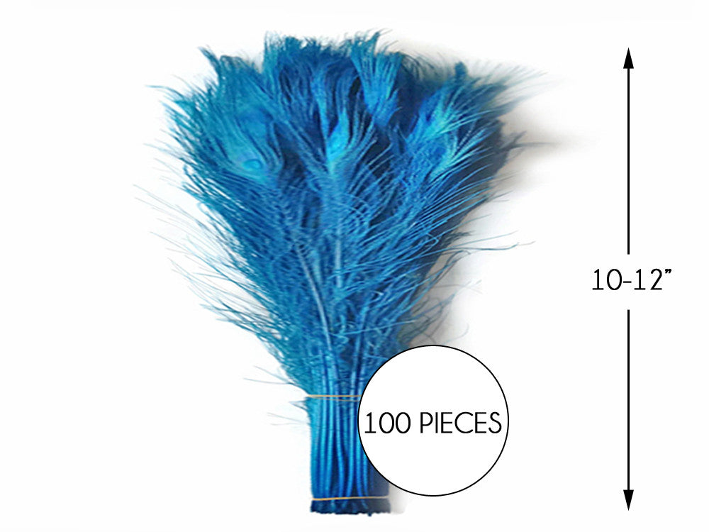 100 Pieces – Turquoise Blue Bleached & Dyed Peacock Tail Eye Wholesale Feathers (Bulk) 10-12” Long