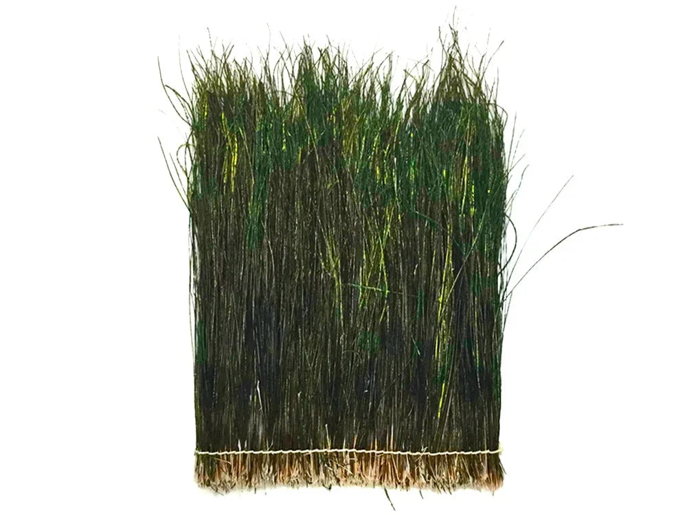 Bundle of long dark green decorative feathers for DIY crafts and fashion accessories.