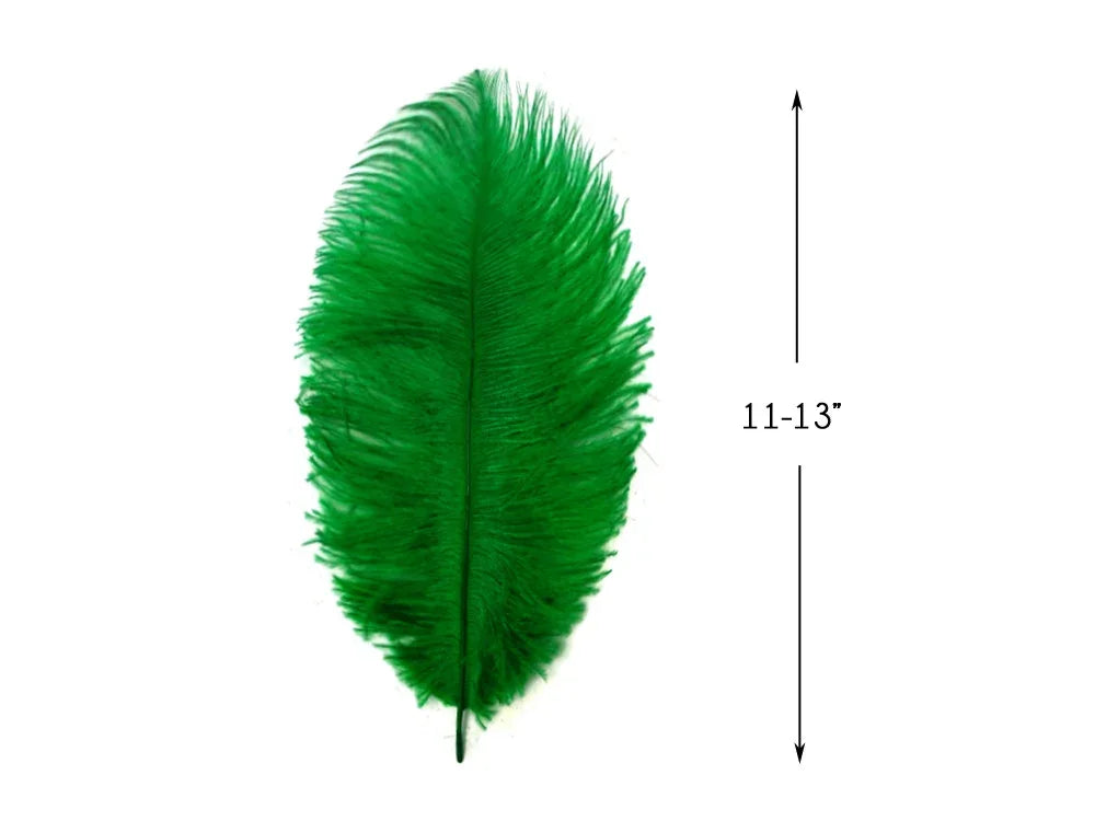Vibrant green ostrich feather for crafts and fashion, 11-13 inches long.