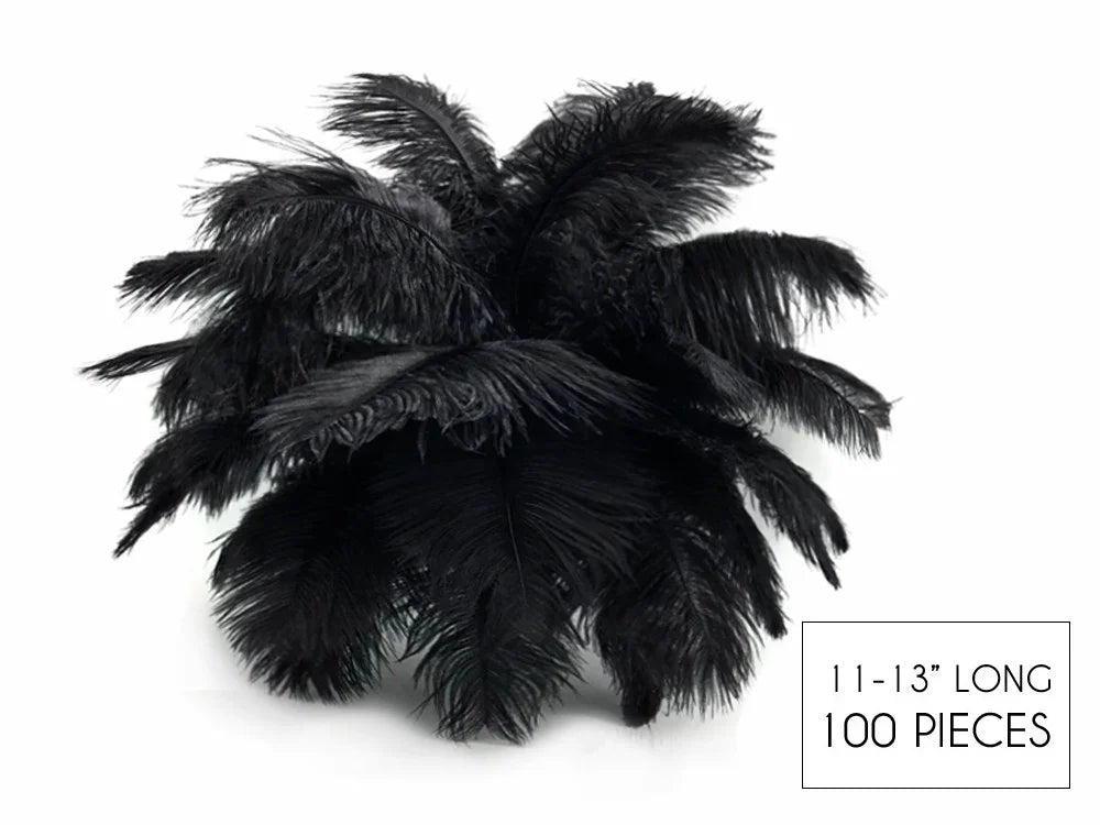 100 pieces of 11-13 inch long black ostrich feathers for DIY crafts and fashion decor.