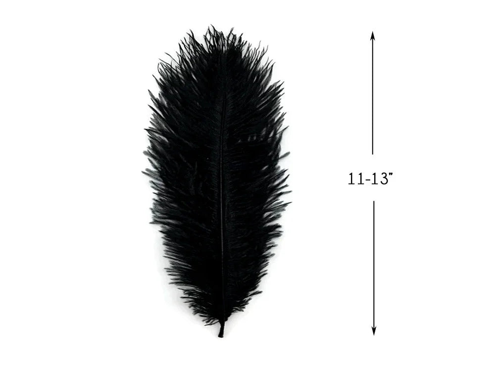 Large black ostrich feather for crafts and fashion decor, 11-13 inches long.