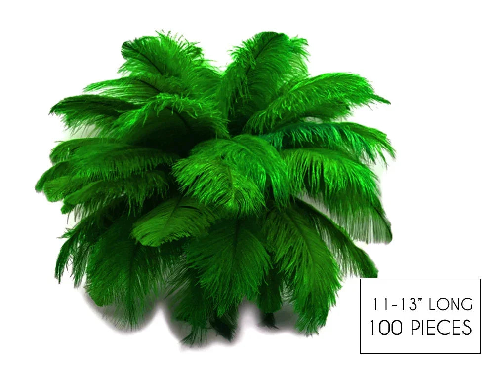 100 pieces of vibrant green ostrich feathers, 11-13 inches long for crafts and decor.