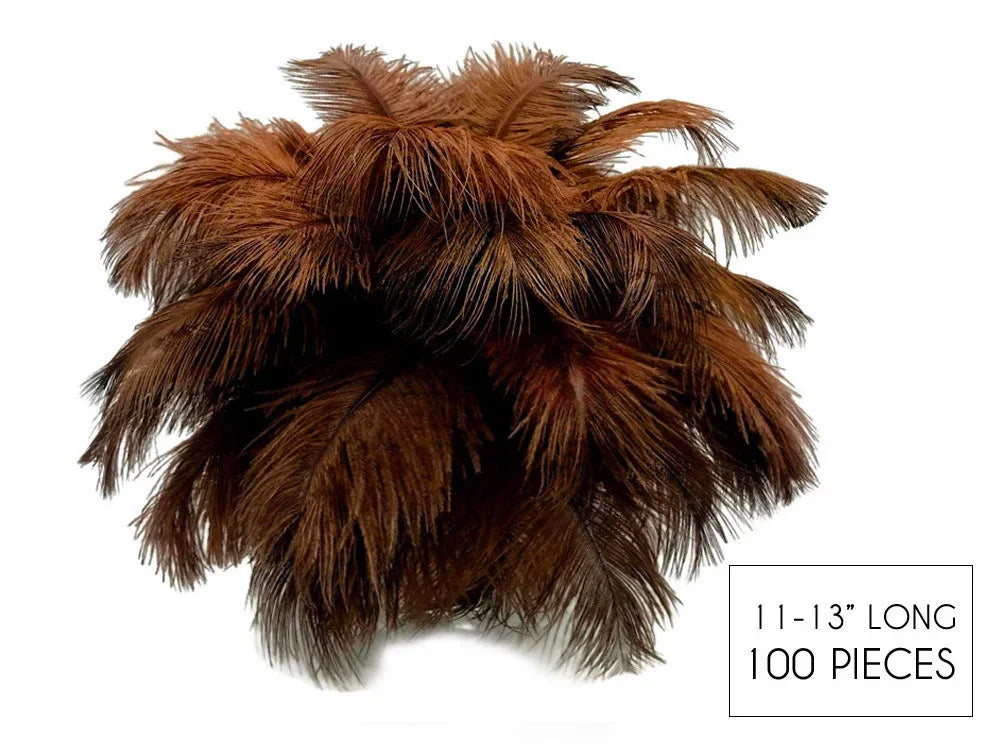 100 pieces of 11-13 inch long brown ostrich feathers for crafts and fashion DIY.