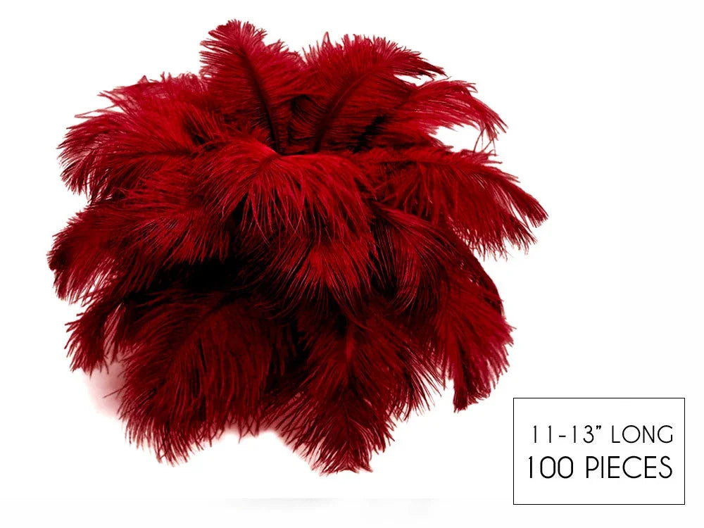 Bulk pack of 100 vibrant red feathers, 11-13 inches long, for DIY crafts and fashion decor.