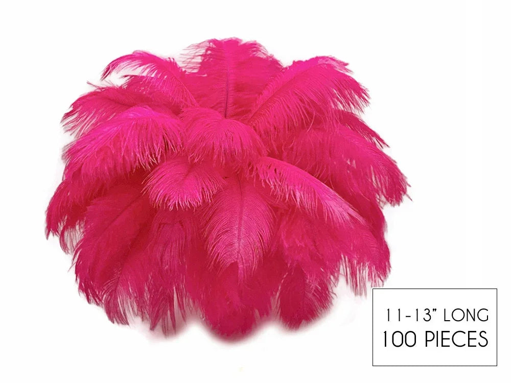 100 pieces of bright pink ostrich feathers, 11-13 inches long for crafts and fashion decor.