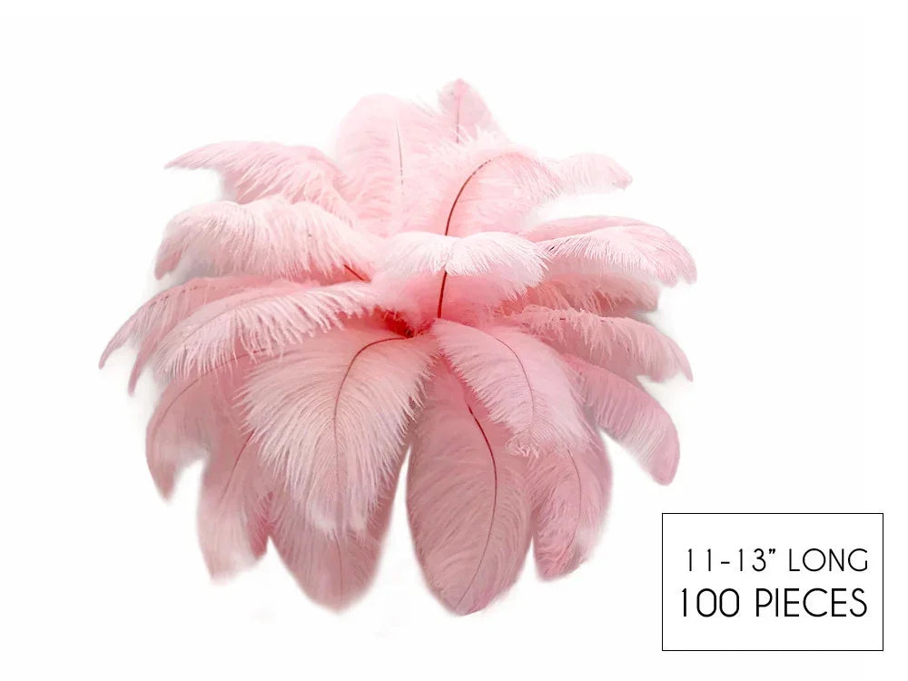 100 pieces of 11-13 inch long soft pink ostrich feathers for DIY crafts and fashion decor.