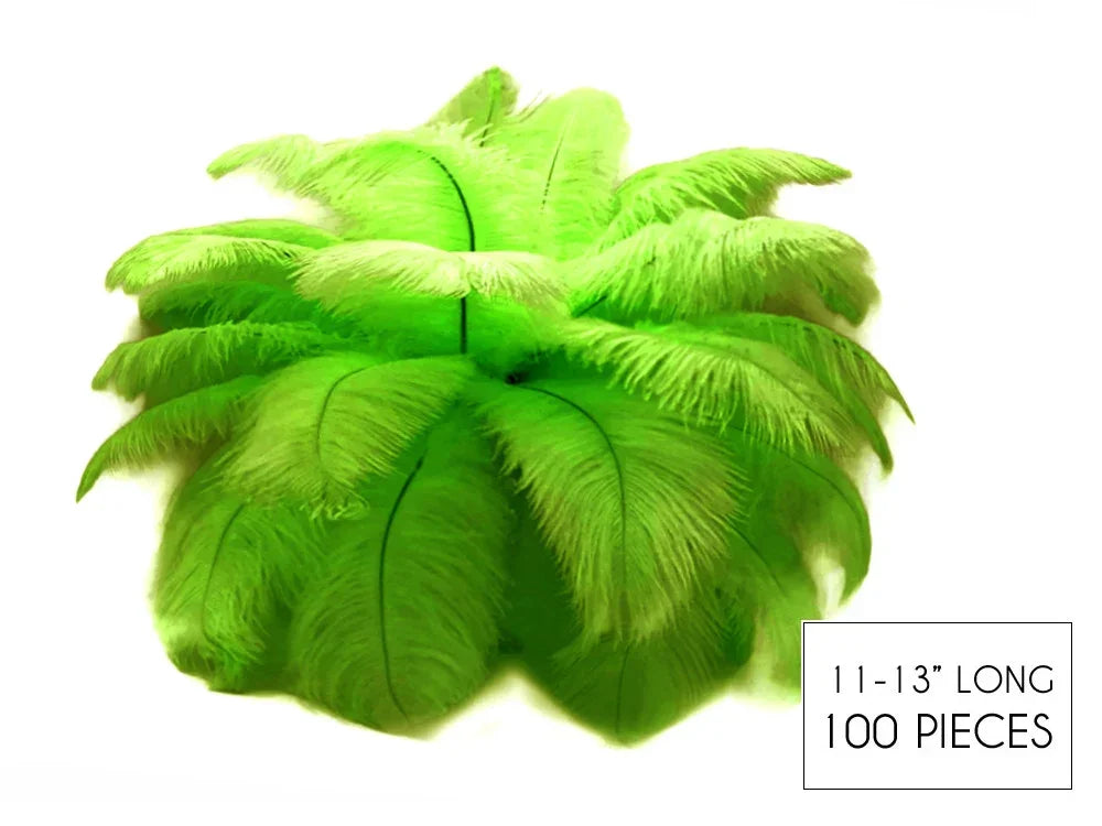 100 pieces of bright lime green ostrich feathers, 11-13 inches long for crafts and décor.
