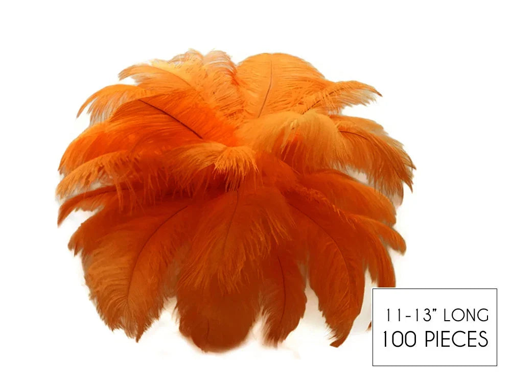100 pieces of vibrant orange ostrich feathers, 11-13 inches long for crafts and decor.