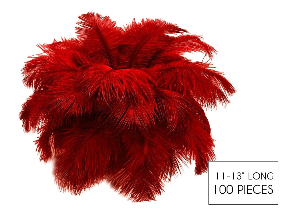 100 pieces of 11-13 inch long bright red ostrich feathers for crafts and fashion decor.