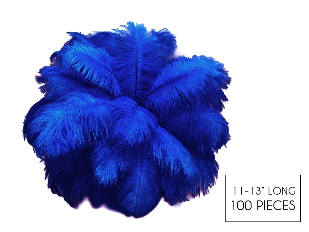 100 pieces of vibrant blue ostrich feathers, 11-13 inches long for crafts and fashion decor.