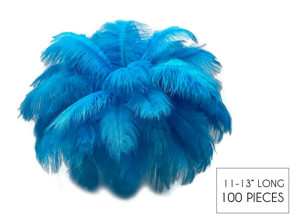 100 pieces of vibrant blue ostrich feathers, 11-13 inches long for crafts and fashion DIY.