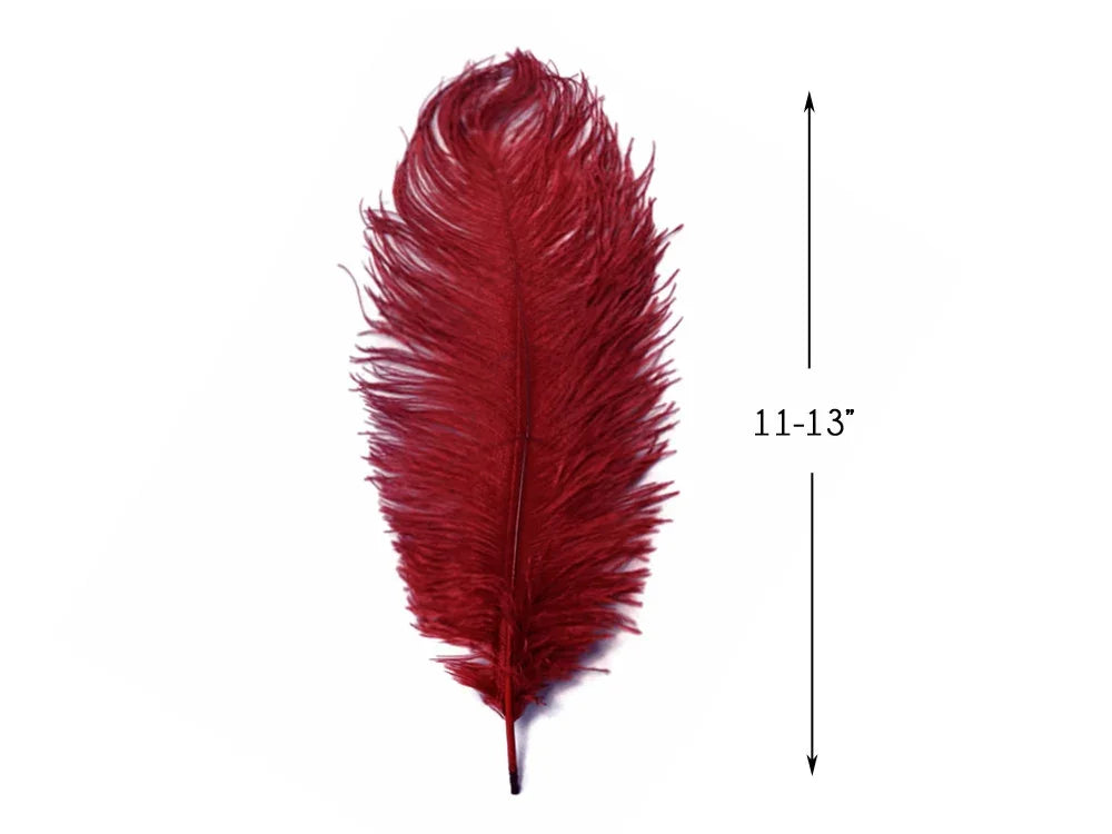 Deep red decorative feather for crafts and fashion, 11-13 inches long.