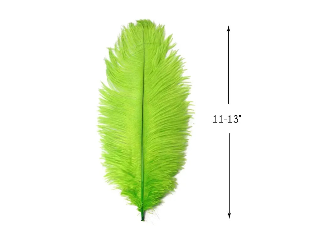 Bright lime green ostrich feather for crafts and fashion decor, 11-13 inches long.