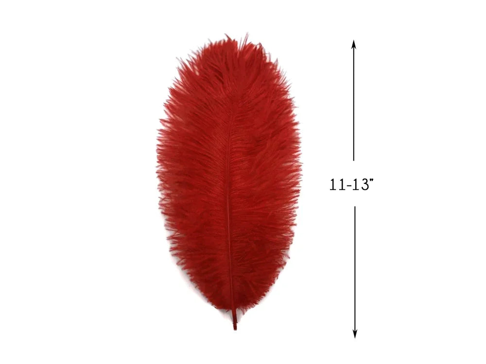 Vibrant red ostrich feather for crafts and fashion decor, 11-13 inches long.