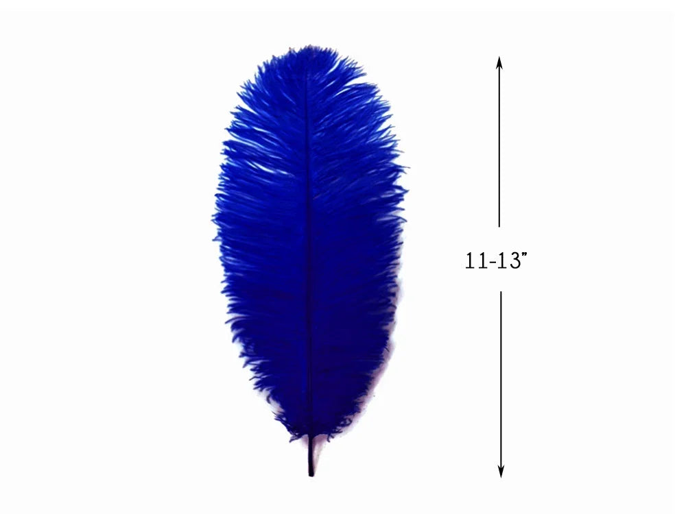 Single vibrant royal blue feather, 11-13 inches long, for crafts and fashion décor.