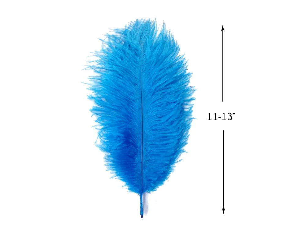 Bright blue craft feather, 11-13 inches long, for DIY fashion and decor projects.