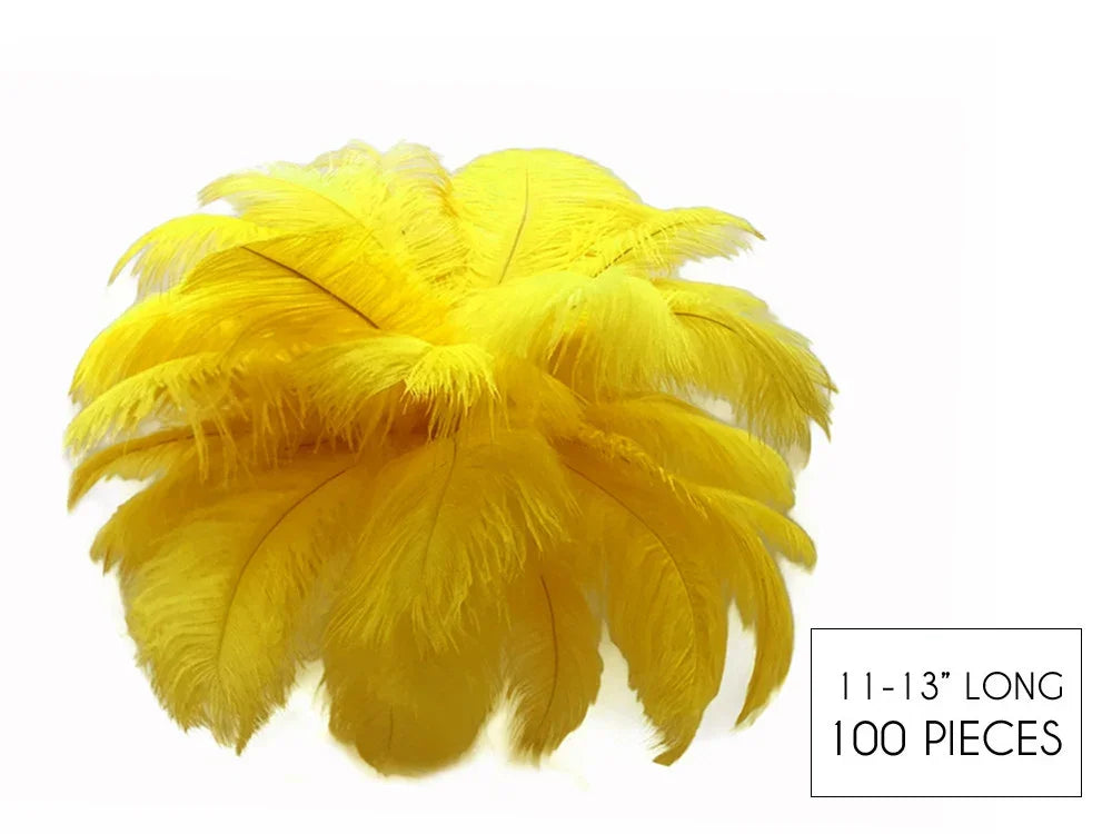 Vibrant yellow ostrich feathers for DIY crafts and fashion decor, 11-13 inches long, 100 pieces.