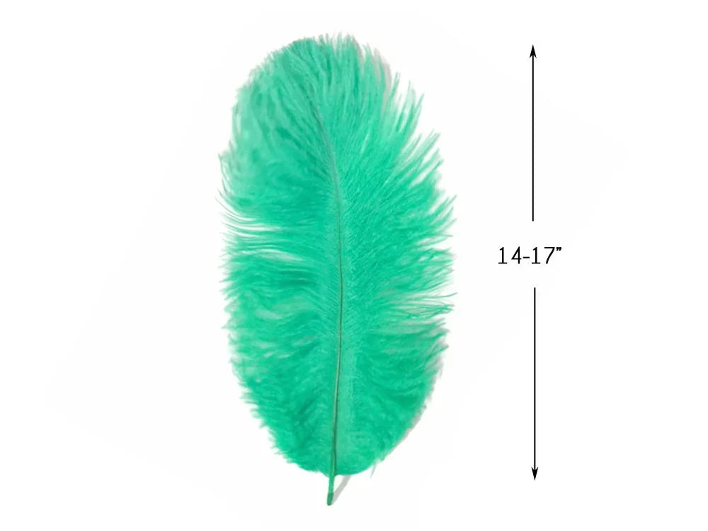 Large teal green craft feather, 14-17 inches long for DIY fashion and decor.