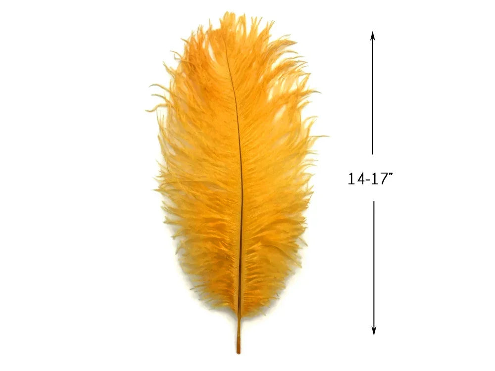 Large golden yellow ostrich feather for crafts and fashion, 14-17 inches long.