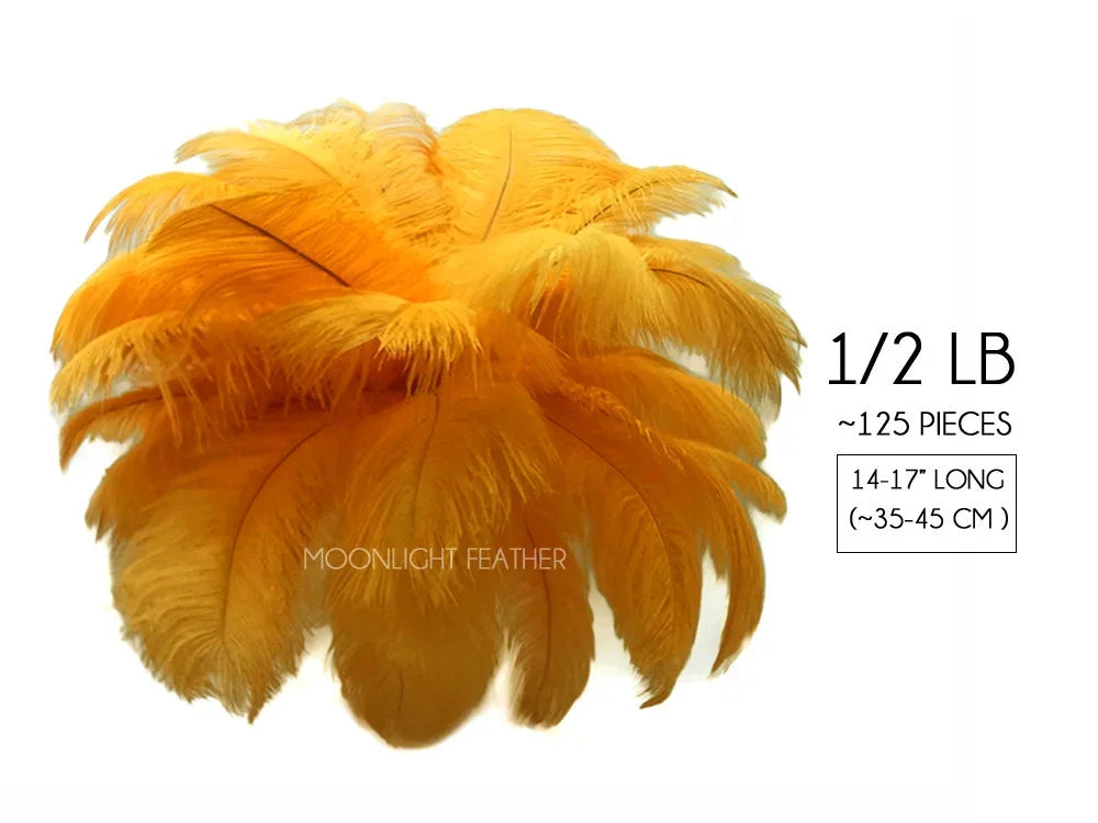 Bundle of 125 yellow ostrich feathers, 14-17 inches long, for crafts and fashion DIY.