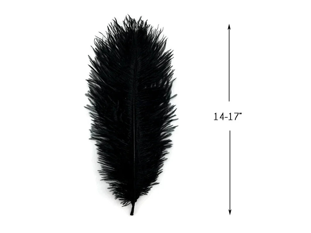 Large black ostrich feather for crafts and fashion decor, 14-17 inches long.