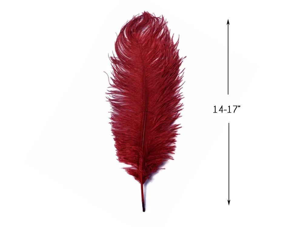 Large red ostrich feather for crafts and fashion, 14-17 inches in length.