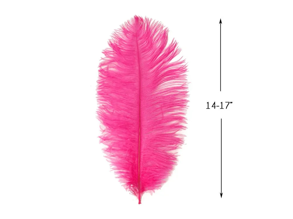 Vibrant pink ostrich feather for crafts and fashion, 14-17 inches long.