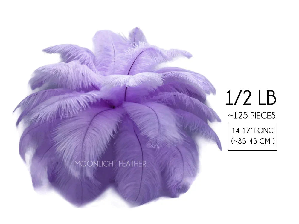 Bundle of 125 light purple ostrich feathers, 14-17 inches long, for crafts and fashion decor.