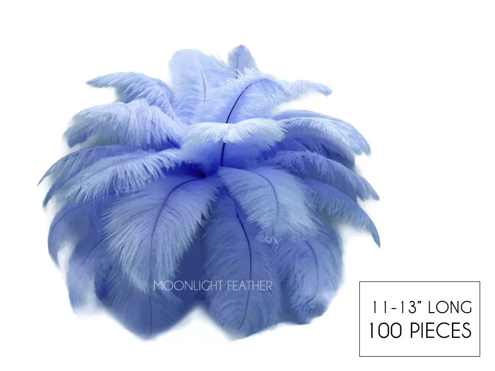 100 pieces of 11-13 inch long light blue ostrich feathers for crafts and fashion decor.