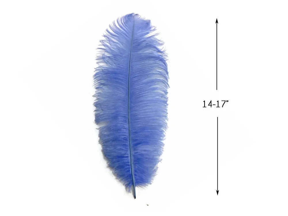Large blue ostrich feather for crafts and fashion decor, 14-17 inches long.