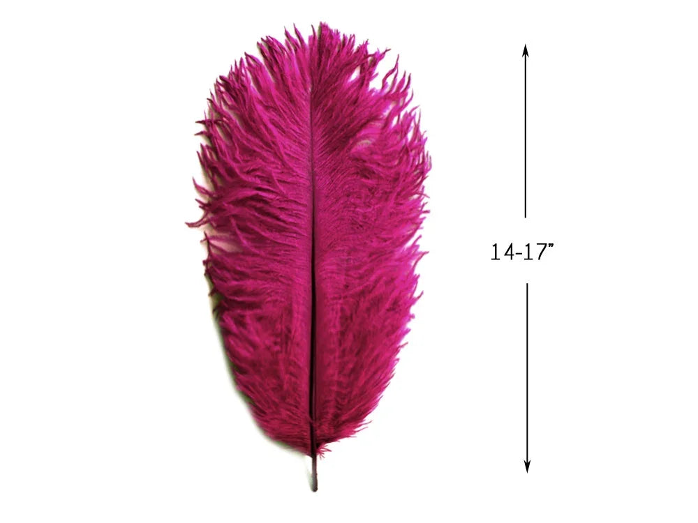 Large vibrant magenta pink feather for crafts and fashion decor, 14-17 inches long.