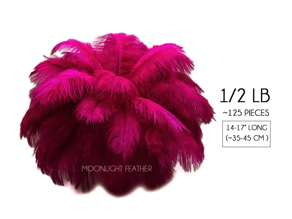 Vibrant magenta ostrich feathers for crafts and decor, 1/2 lb pack of 125 pieces.