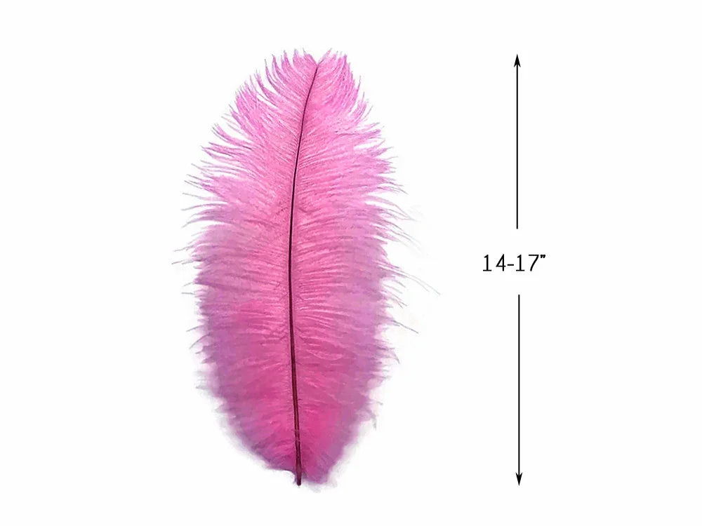 Vibrant pink ostrich feather for crafts and fashion, 14-17 inches long.