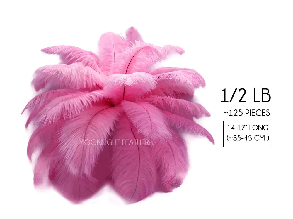 Bundle of 125 pink ostrich feathers, 14-17 inches long, for DIY crafts and fashion decor.