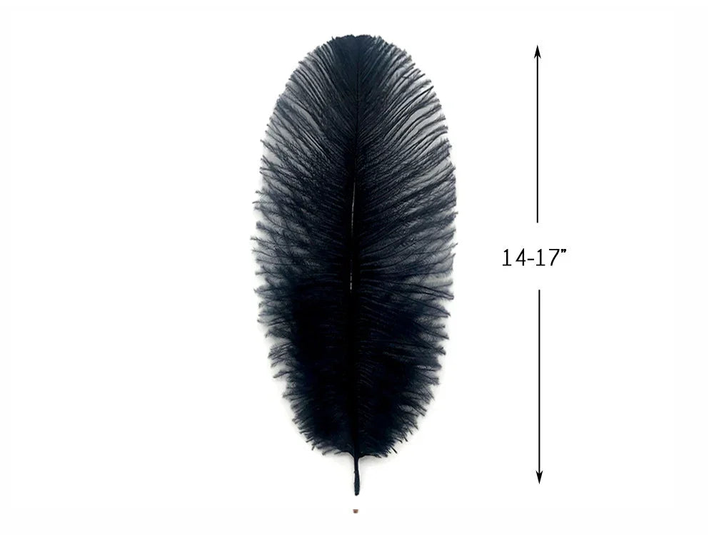 Large black ostrich feather for crafts and fashion, 14-17 inches long.