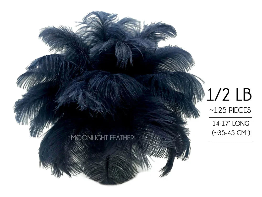 Bundle of navy blue ostrich feathers for crafts and fashion decor, 1/2 lb pack.