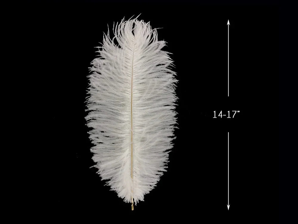 Large white ostrich feather for crafts and decor, 14-17 inches long on black background.