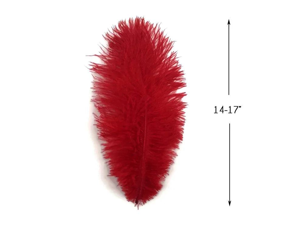 Large vibrant red ostrich feather for crafts and fashion, 14-17 inches long.