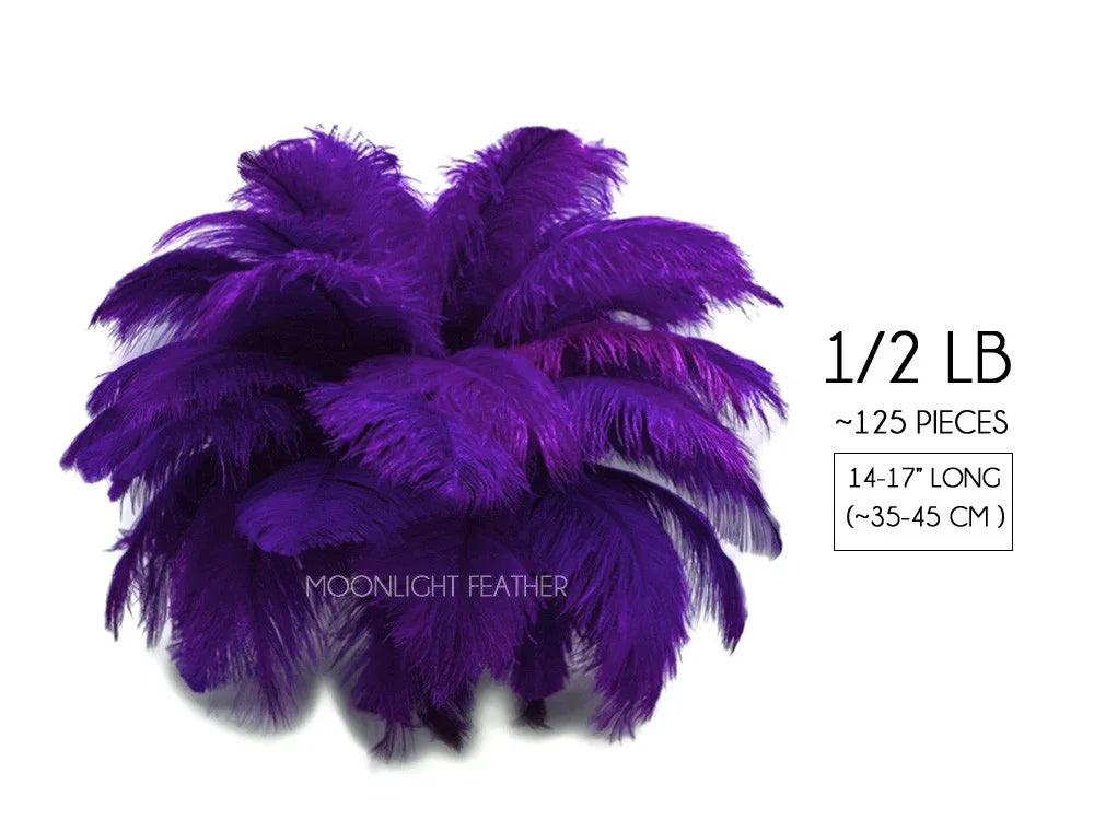 Bundle of 125 vibrant purple ostrich feathers, 14-17 inches long, for crafts and fashion DIY.