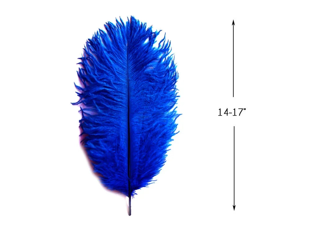 Vibrant cobalt blue craft feather, 14-17 inches long, for DIY fashion and decor.